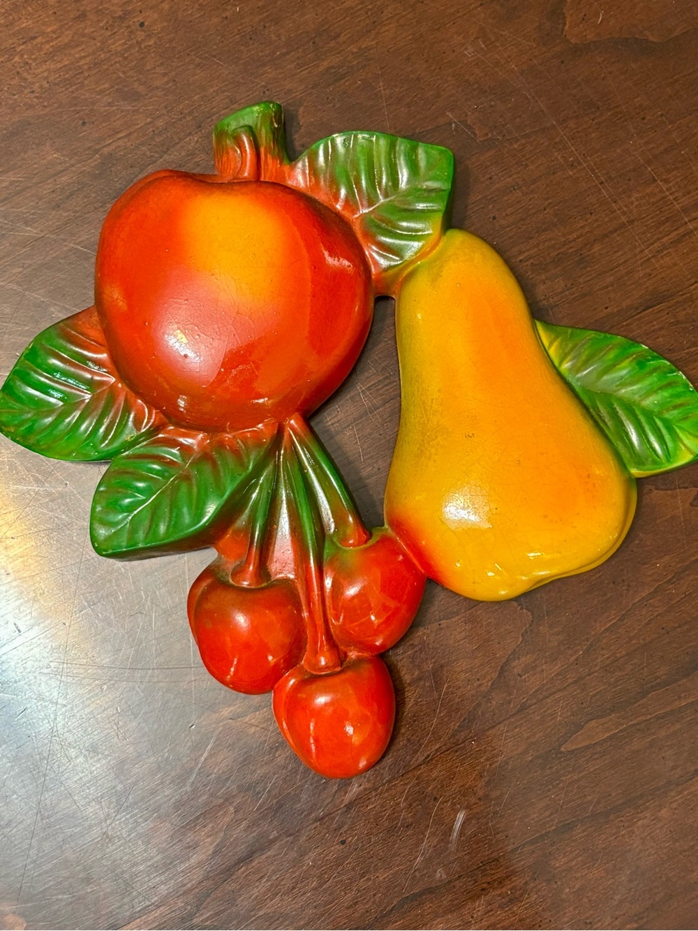 Mid Century chalkware fruit kitchen plaque decor Pear Apple Cherries VTG kitsch